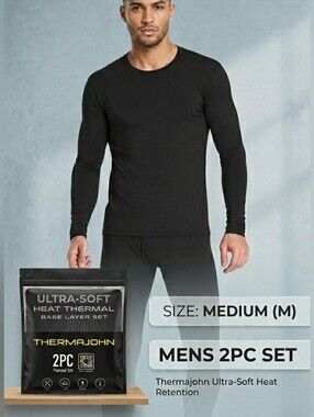 Thermajohn Men's Ultra Soft Thermal Base Layer Set NIP Black Long Johns - Size M